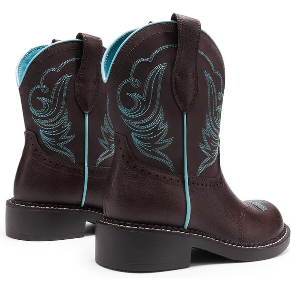 Women's Cowgirl Round Toe Embroidered Mid Calf Western Boot Concert Brown Blue - Picture 5 of 7